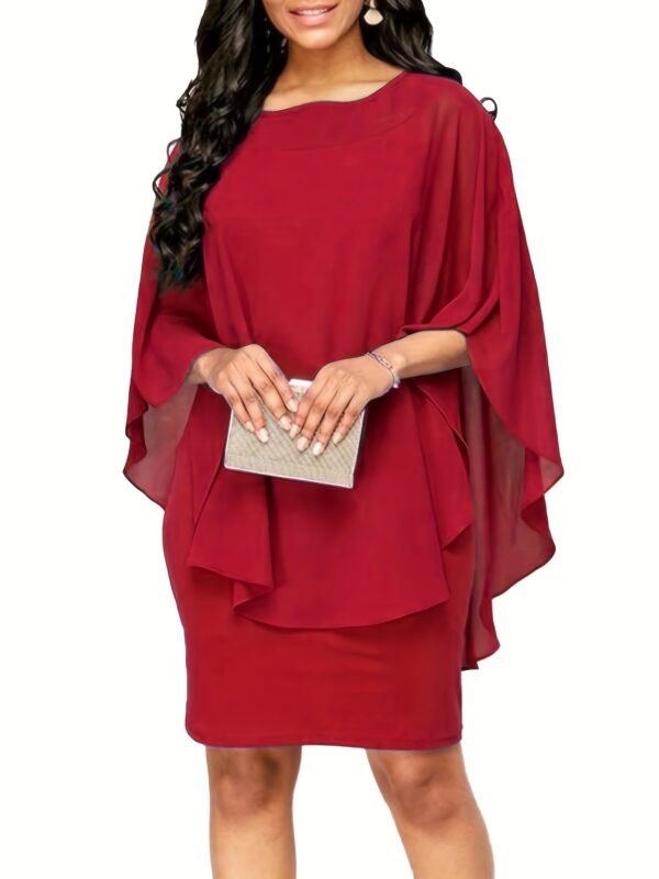 Plus Size Chic Solid Cape Midi Dress - Flattering Round Neck, 3/4 Sleeves, Soft Stretch - Timeless Elegant Style for Womens Plus - Image 8