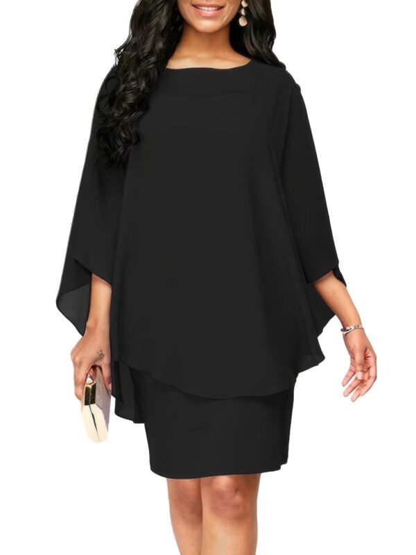 Plus Size Chic Solid Cape Midi Dress - Flattering Round Neck, 3/4 Sleeves, Soft Stretch - Timeless Elegant Style for Womens Plus - Image 4