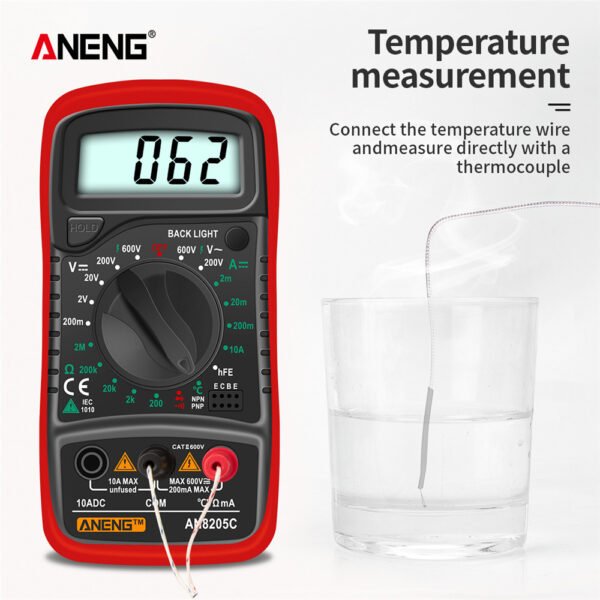 Portable Digital Multimeter With Backlight, AC/DC Ammeter, Volt Ohm Tester & Thermocouple - AN8205C - Image 4