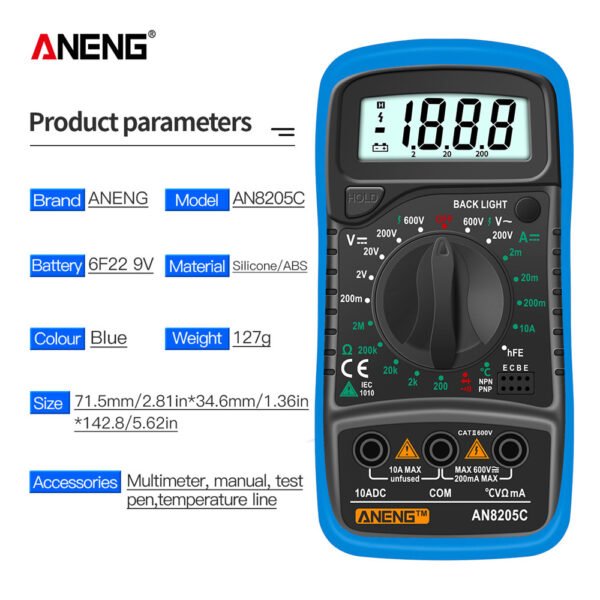 Portable Digital Multimeter With Backlight, AC/DC Ammeter, Volt Ohm Tester & Thermocouple - AN8205C - Image 9