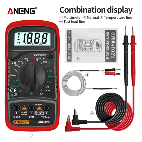 Portable Digital Multimeter With Backlight, AC/DC Ammeter, Volt Ohm Tester & Thermocouple - AN8205C - Image 6