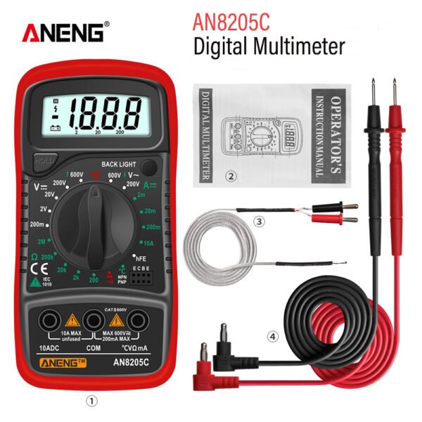 Portable Digital Multimeter With Backlight, AC/DC Ammeter, Volt Ohm Tester & Thermocouple - AN8205C - Image 5