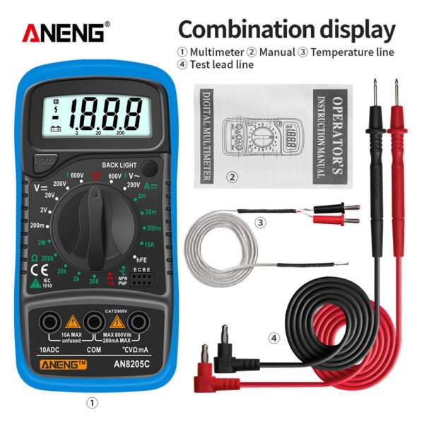 Portable Digital Multimeter With Backlight, AC/DC Ammeter, Volt Ohm Tester & Thermocouple - AN8205C - Image 8