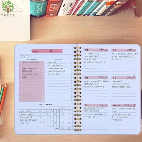1pc Trees Spiral Undated A5 Daily Weekly Notebook Planner Agenda, Stationery Office School Supplies, Record Daily Plans To Achieve Future Goals, 8.3*5.5 Inches, 52 Sheets
