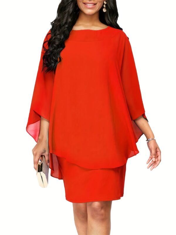 Plus Size Chic Solid Cape Midi Dress - Flattering Round Neck, 3/4 Sleeves, Soft Stretch - Timeless Elegant Style for Womens Plus - Image 2