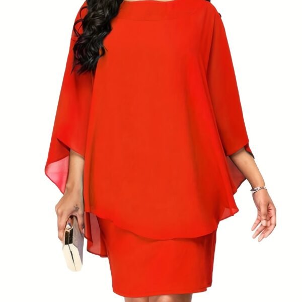Plus Size Chic Solid Cape Midi Dress - Flattering Round Neck, 3/4 Sleeves, Soft Stretch - Timeless Elegant Style for Womens Plus - Image 13