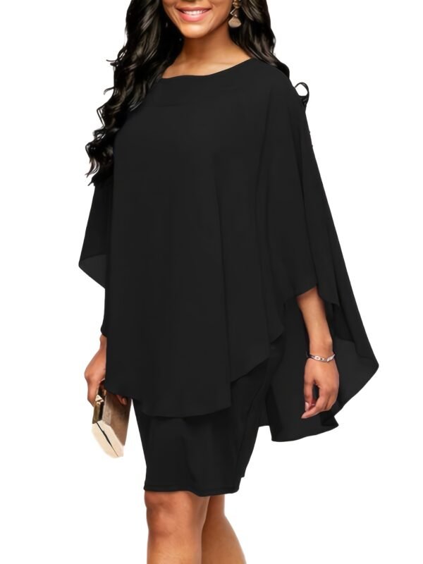 Plus Size Chic Solid Cape Midi Dress - Flattering Round Neck, 3/4 Sleeves, Soft Stretch - Timeless Elegant Style for Womens Plus - Image 9