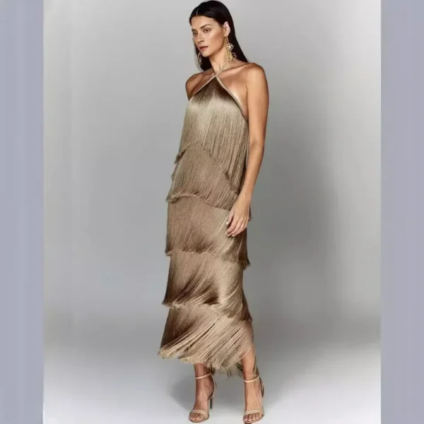 Women Long Sleeveless Fashion Halter Tassel Backless Slit Dress Solid Color Evening Dress - Image 2
