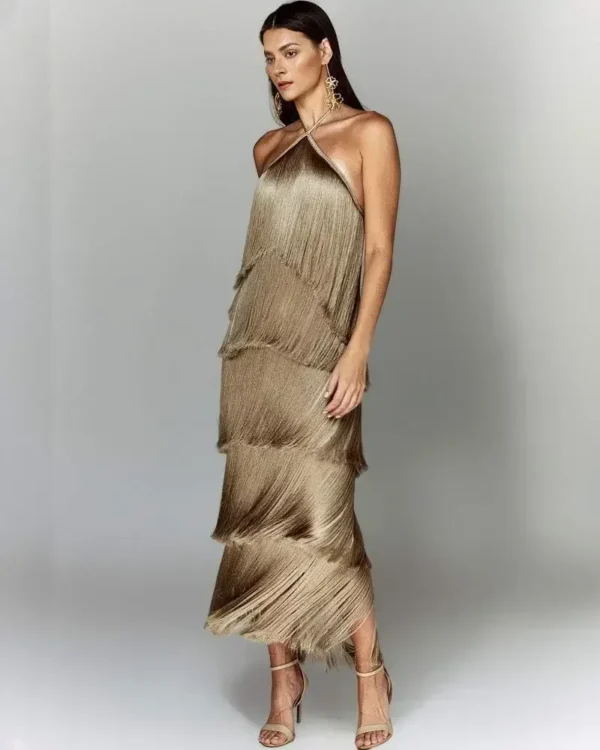 Women Long Sleeveless Fashion Halter Tassel Backless Slit Dress Solid Color Evening Dress - Image 6