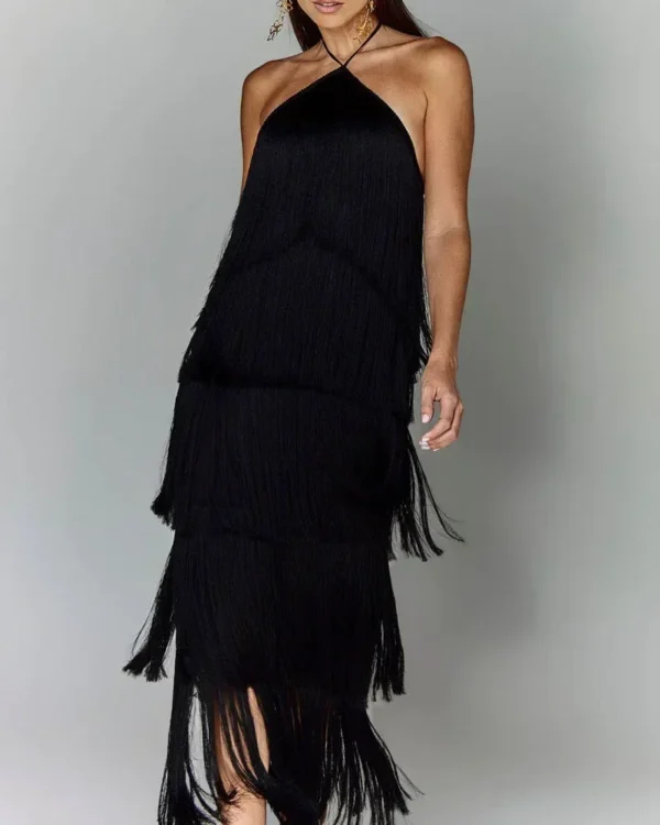 Women Long Sleeveless Fashion Halter Tassel Backless Slit Dress Solid Color Evening Dress - Image 9