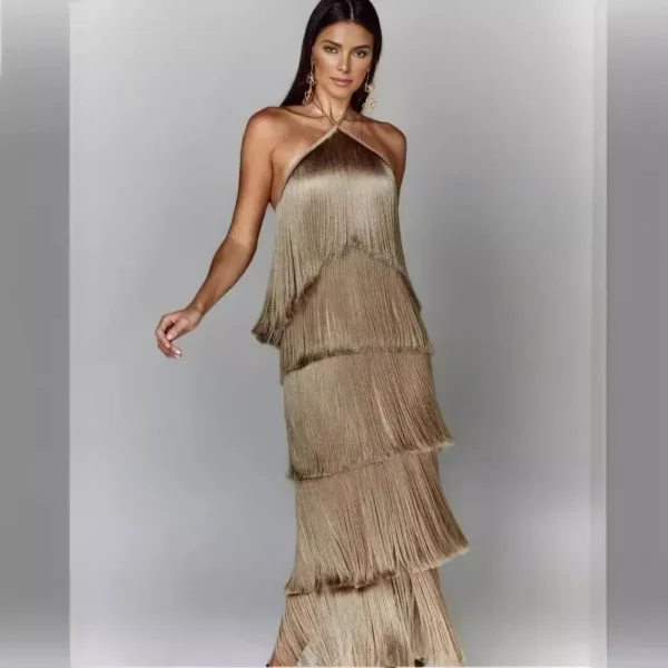 Women Long Sleeveless Fashion Halter Tassel Backless Slit Dress Solid Color Evening Dress