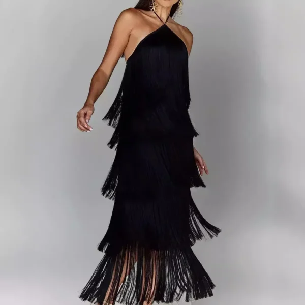 Women Long Sleeveless Fashion Halter Tassel Backless Slit Dress Solid Color Evening Dress - Image 5