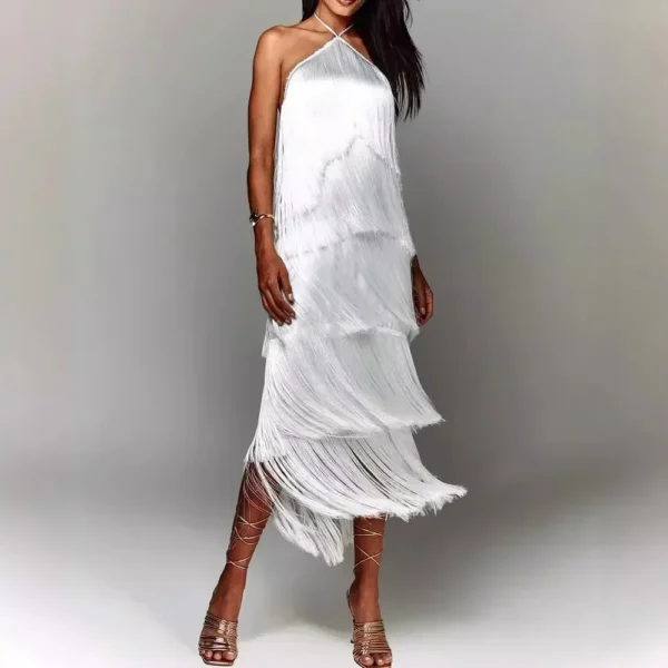 Women Long Sleeveless Fashion Halter Tassel Backless Slit Dress Solid Color Evening Dress - Image 3