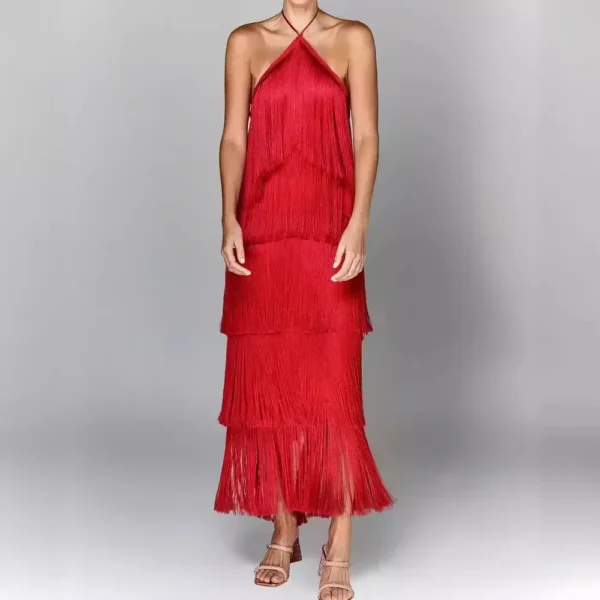 Women Long Sleeveless Fashion Halter Tassel Backless Slit Dress Solid Color Evening Dress - Image 4