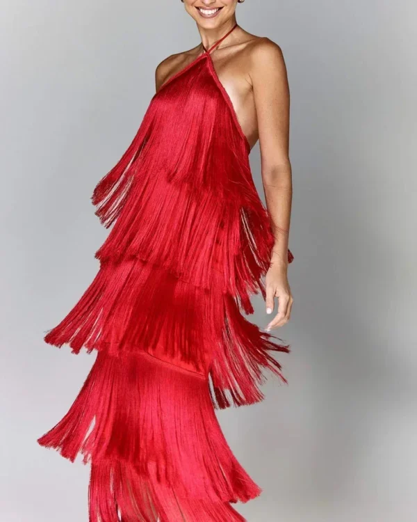 Women Long Sleeveless Fashion Halter Tassel Backless Slit Dress Solid Color Evening Dress - Image 7