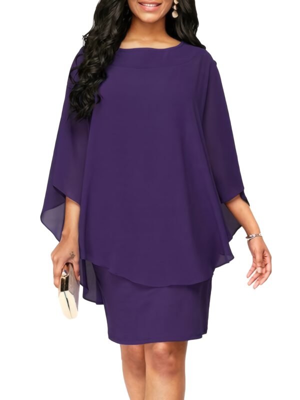 Plus Size Chic Solid Cape Midi Dress - Flattering Round Neck, 3/4 Sleeves, Soft Stretch - Timeless Elegant Style for Womens Plus - Image 6