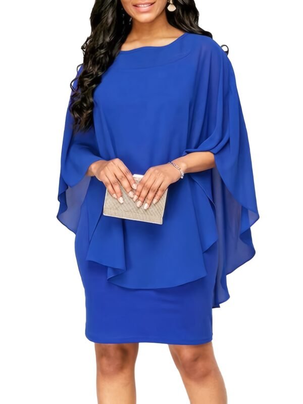 Plus Size Chic Solid Cape Midi Dress - Flattering Round Neck, 3/4 Sleeves, Soft Stretch - Timeless Elegant Style for Womens Plus