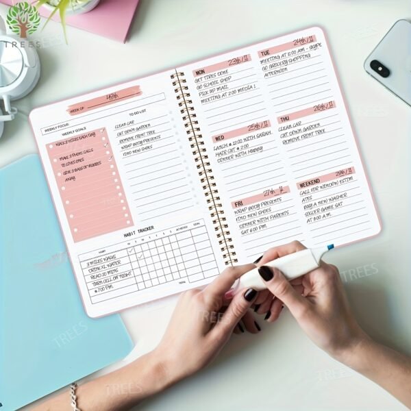 1pc Trees Spiral Undated A5 Daily Weekly Notebook Planner Agenda, Stationery Office School Supplies, Record Daily Plans To Achieve Future Goals, 8.3*5.5 Inches, 52 Sheets - Image 8